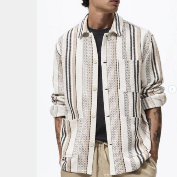 Zara Men's Stripes Overshirt Textured Chore Long Sleeve Button Down Shirt Sz M - Picture 1 of 10